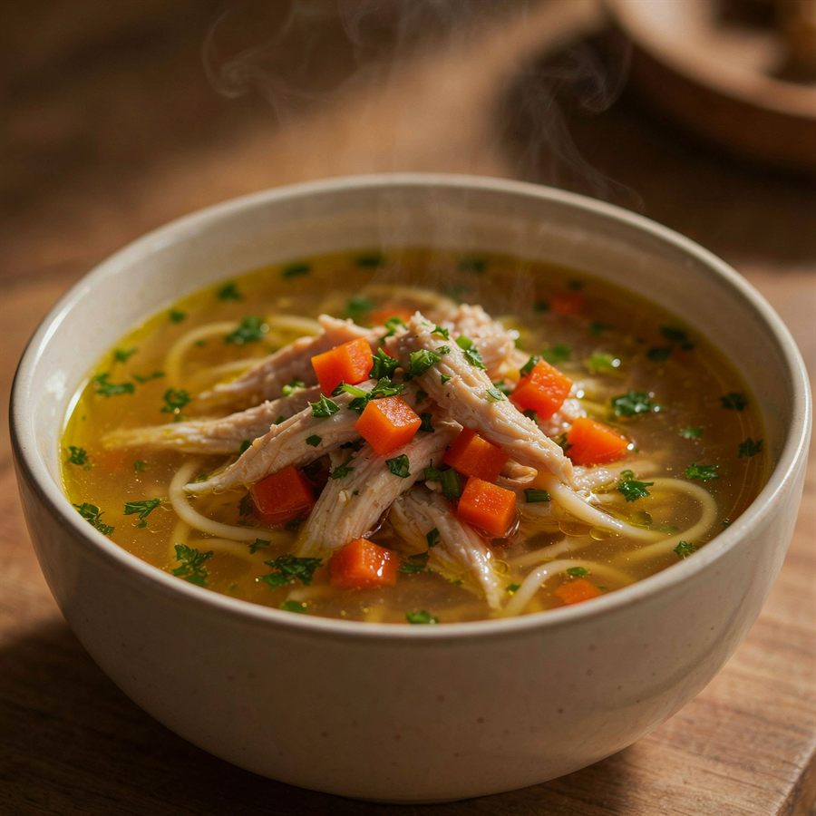 Sopa de legumes com frango servida em tigela