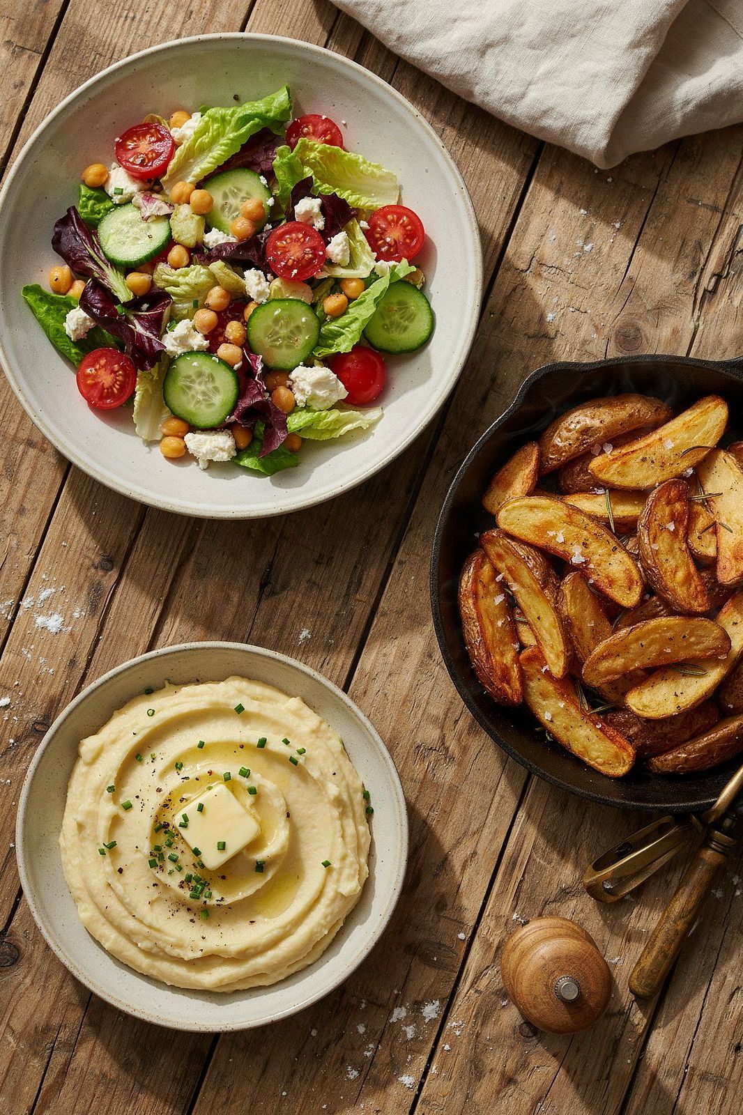 Mesa de madeira com salada, purê e batatas rústicas vistos de cima