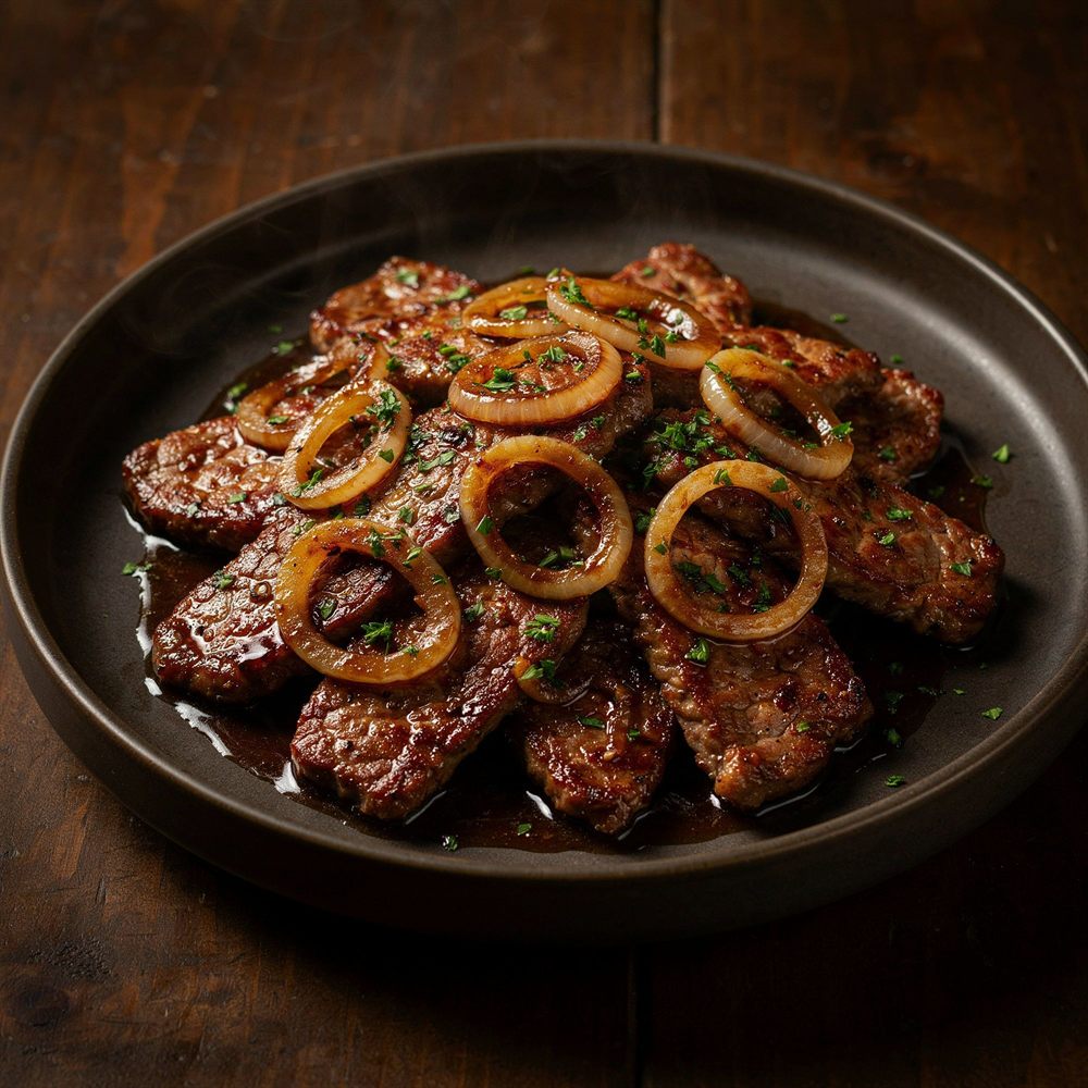 Isca de carne com cebola na frigideira
